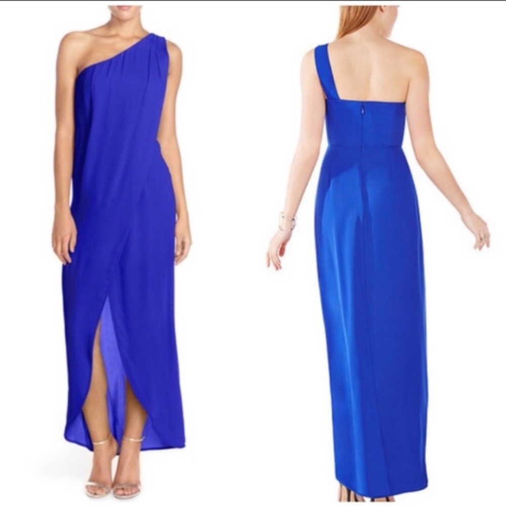 BCBG Royal Blue One Shoulder Chiffon Dries Gown, 4